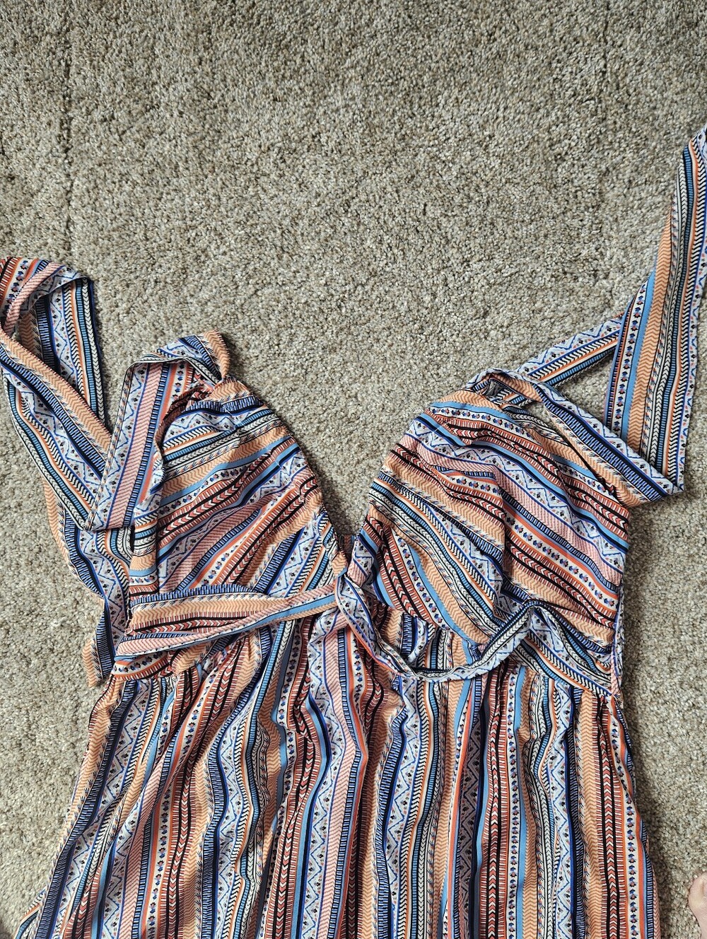 Striped Halter Maxi Dress in Coral, Blue & White. 1X.